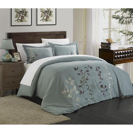 FIXTURESFIRST 7 Piece Kylie Floral Embroidered King Duvet Set, Green FI2541709